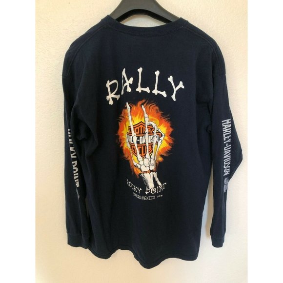Yazbek Harley Davidson Dark Blue Long Sleeve T Shirt Skeleton Hand Flame Design - Picture 3 of 7